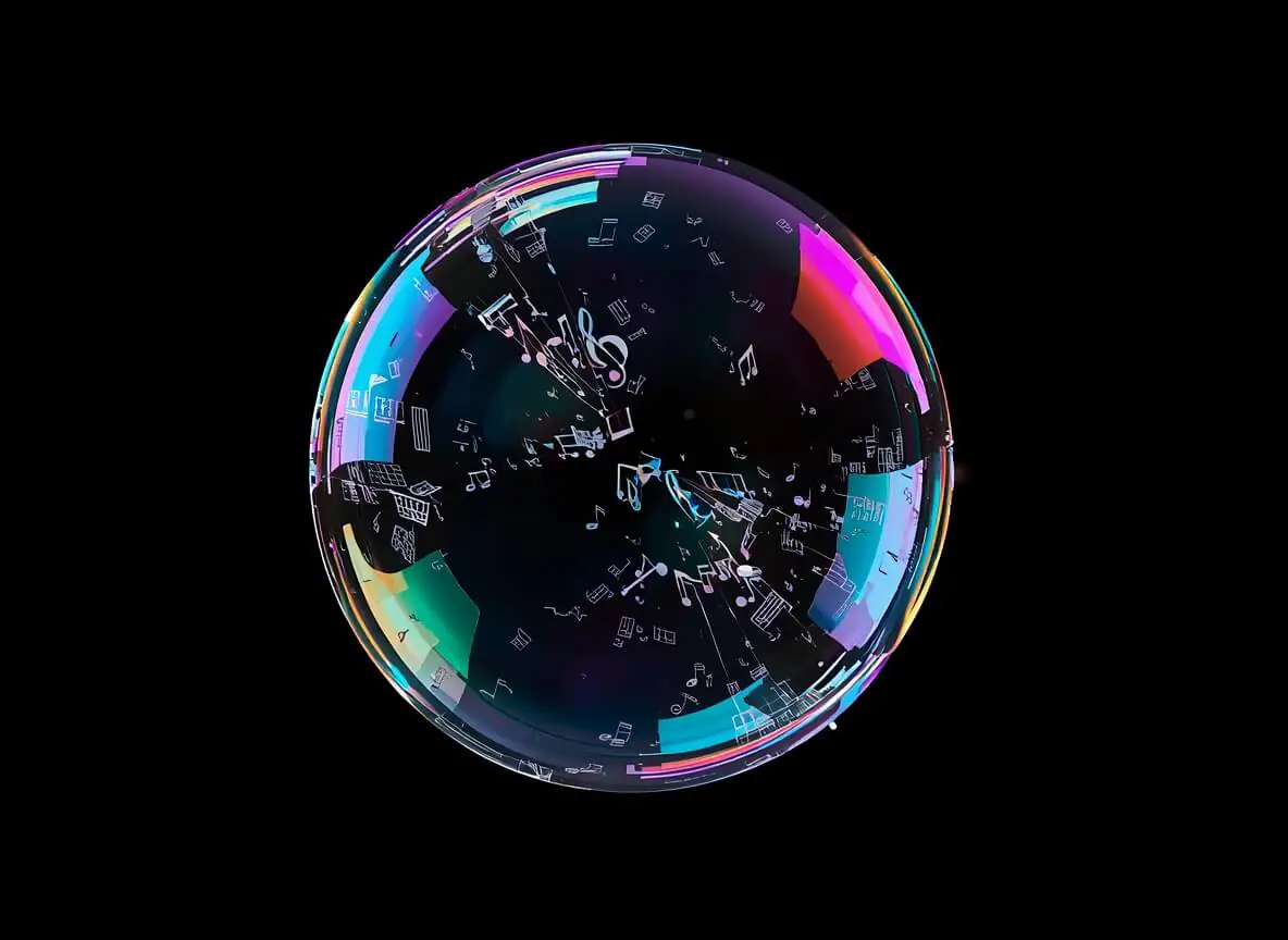 Illustration of a fragile soap bubble filled with musical notes and AI circuit patterns beginning to burst, symbolising the precarious legal foundation of AI-generated music that could collapse at any moment