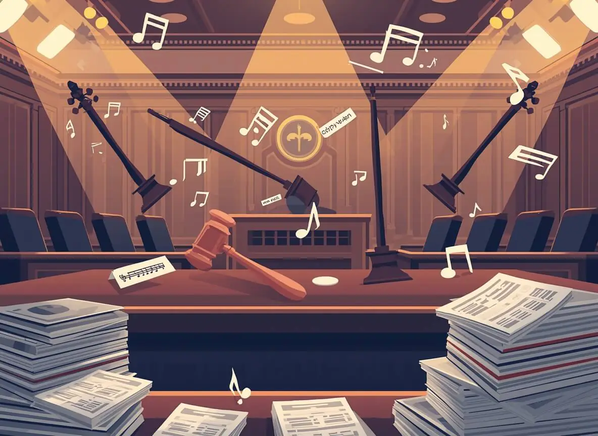 Illustration of a courtroom with musical instruments, sheet music, and copyright symbols presented as evidence, representing the ongoing legal battles between major music labels and AI music generation companies