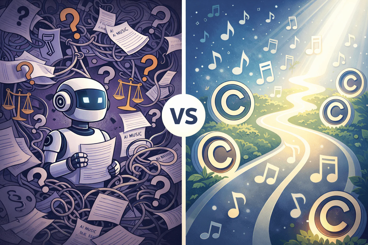 plit-screen comparison illustration showing the chaotic legal uncertainty of AI music (left side with question marks and tangled documents) versus the clear legal certainty of human-composed music (right side with organised musical notes and copyright symbols)