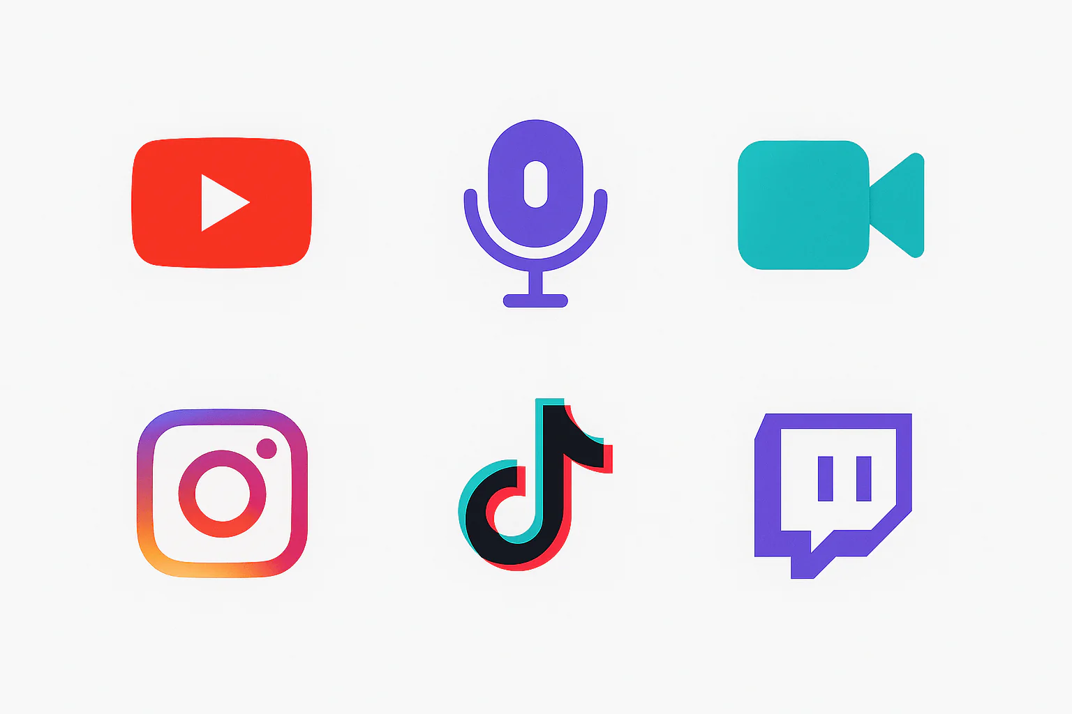 A grid of icons showing possible uses for my music. Youtube logo, a mic ocon to represent podcasting, a video camera icon to represent video and film, and Instagram, TikTok, and Twitch logos.