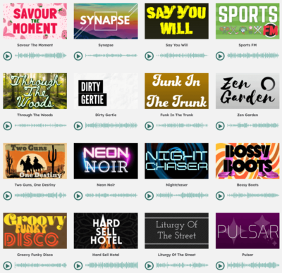 Grid of thumbnails of tracks from the Silverman Sound Studios library