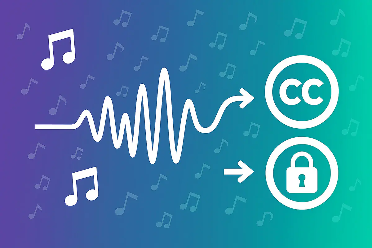 A vibrant visualization where acoustic waveforms metamorphose into CC licensing symbols, illustrating the transformation of creative restriction into collaborative freedom through purple and teal geometric harmonies.